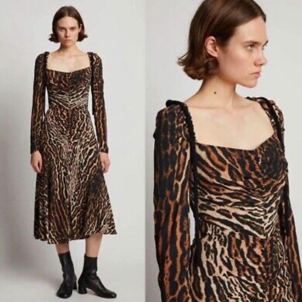 Proenza Schouler Leopard Long Sleeve Crêpe de Chine Midi Dress 8 NWT $1090